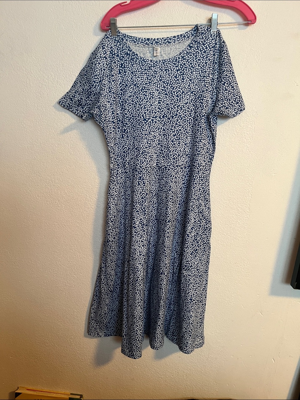 Navy and White Printed Short-Sleeve Midi Dress